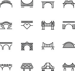 Bridge icon set, architectural styles, vector illustration, black silhouette, infrastructure design, engineering concept, urban elements, construction symbols, graphic grid