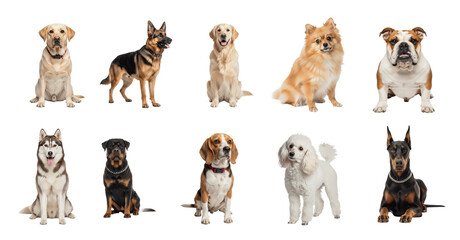 Top 10 famous dog breeds isolated on white background, including Labrador Retriever, German Shepherd, Golden Retriever, Bulldog, Beagle, Poodle, Rottweiler, Dachshund, Siberian Husky, Boxer, purebred  © Tippu
