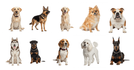 Top 10 famous dog breeds isolated on white background, including Labrador Retriever, German Shepherd, Golden Retriever, Bulldog, Beagle, Poodle, Rottweiler, Dachshund, Siberian Husky, Boxer, purebred 