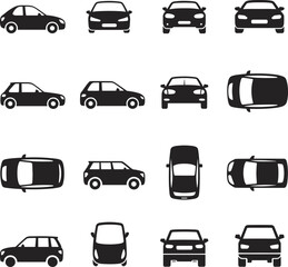 Fototapeta premium Car silhouette icon set, vehicle types and views, black line style, isolated vector automotive design elements