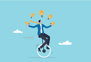 Creativity and ideas, innovation or skill to success in business, skillful businessman riding unicycle juggling lightbulb lamp metaphor of plenty ideas.