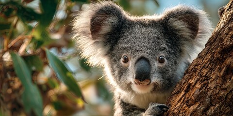 Fototapeta premium Adorable koala perched on tree branch in natural habitat, close-up of its fluffy ears and curious expression, showcasing Australia s unique wildlife and beauty
