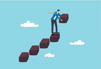 Build business success stairs, self development or career growth and job improvement, growing up or job promotion concept, businessman building staircase to progress ascending business growth.