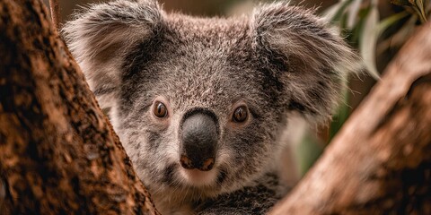 Fototapeta premium Adorable koala perched on tree branch in natural habitat, close-up of its fluffy ears and curious expression, showcasing Australia s unique wildlife and beauty
