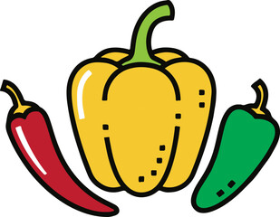 Yellow bell pepper flanked by red and green chili peppers with black outlines and white highlights yellow pepper
