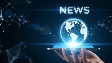 Global news network on smartphone, digital earth, communication motion animated video. - Powered by Adobe