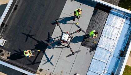 Drone footage shows comprehensive flat roof inspection for leaks inspecting different material sections and using specialized equipment on each surface type.