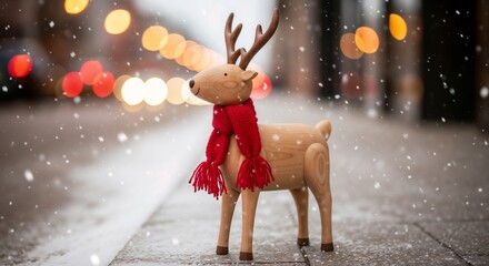 Wooden reindeer figurine wearing red scarf on snowy street  