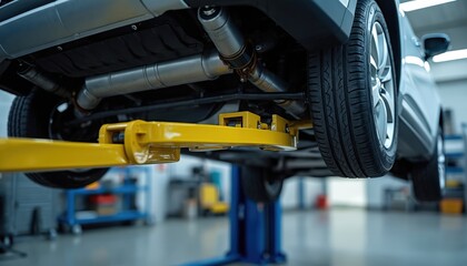SUV vehicle undercarriage raised on yellow hydraulic lift in auto repair shop. Mechanic performs car maintenance, tire rotation, and inspection of suspension parts.
