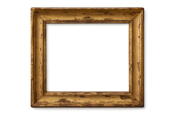 Vintage gold wooden picture frame with weathered texture isolated on a transparent background, classic art border