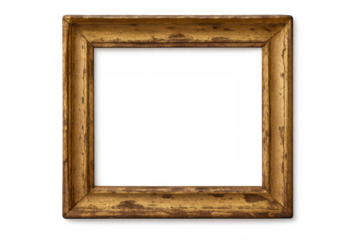 Vintage gold wooden picture frame with weathered texture isolated on a transparent background, classic art border