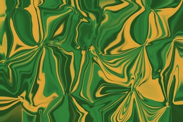 Vibrant Liquid Marble Abstract Background with Dynamic Flowing Green and Gold Yellow Swirl Pattern