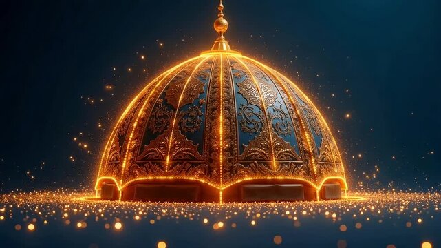 Majestic golden dome radiates shimmering light, creating a sense of wonder and inspiration for spiritual designs and cultural celebrations in a dynamic video sequence