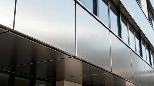 Medium shot of sleek metal fireresistant cladding panels installed on building exterior showcasing modern safety and durability in urban architecture.