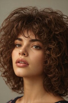 A close-up portrait of a woman with a full, voluminous 1980s curly perm. Soft side lighting enhances the texture and height of the iconic hairstyle.
