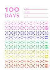 Colourful 100 days tracker. Motivational habit tracker template. Vector design.