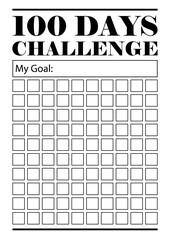 Black and white 100 days challenge tracker. Minimalist habit tracker template. Vector design.