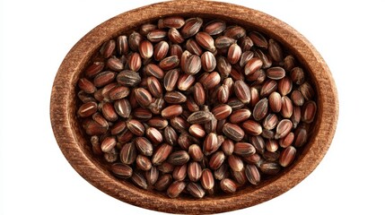 Fototapeta premium Dark colored grains fill a rustic wooden bowl seen from directly above on a white background.