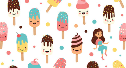 Obraz premium Assorted smiling ice cream popsicles and a joyful dancing girl form a sweet and whimsical seamless pattern on a vibrant background.