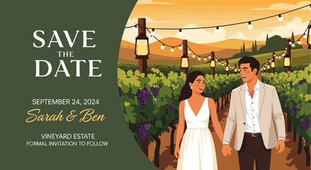 Elegant Wedding Invitation Card with Couple Walking Through a Vineyard Scenery