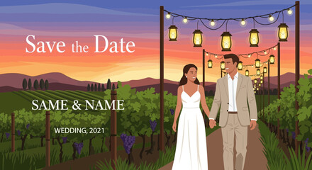 Elegant vineyard wedding invitation card with couple at sunset creating memories