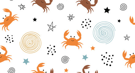 Adorable cartoon crabs are playfully scuttling among abstract stars and swirling lines creating a cheerful seamless pattern.