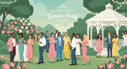 Naklejka premium Elegant garden party with diverse guests celebrating in festive atmosphere