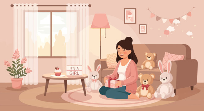 Enthusiastic mother unwrapping a lovely present in a delightfully decorated baby shower