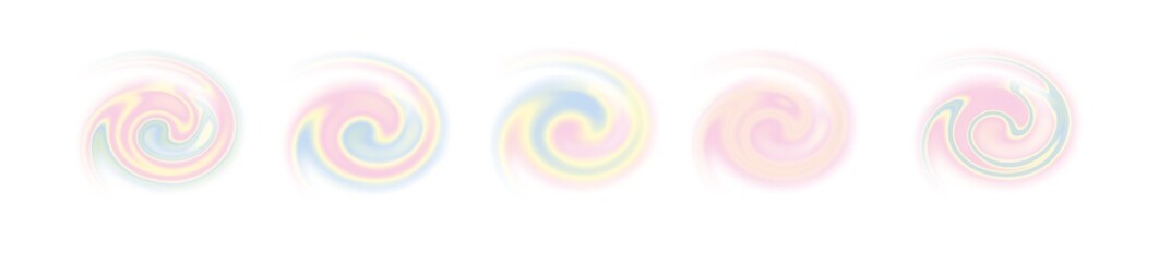 Horizontal banner featuring five dreamy iridescent spiral elements in soft pink, yellow, blue hues. Each swirl is semi-transparent with luminous pastel gradients, ideal for modern, creative designs 