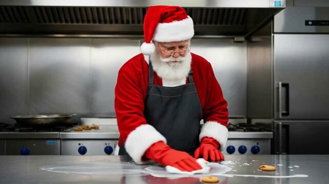 Santa Claus cleans up milk and cookie crumbs in a stainless steel kitchen, representing holiday mishap, messy situation, festive cleanup, and humor