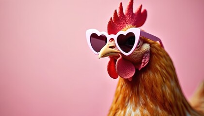 Cute chicken wears heart sunglasses on rose pink backdrop. Funny hen posing in stylish eyewear. Surreal bird advertises fashion clothing shop. Festive mood. Playful cartoon animal character design