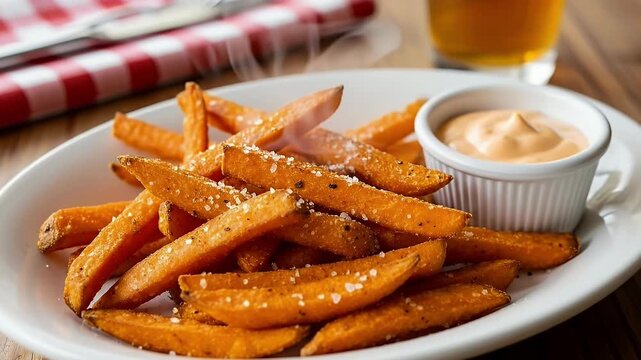 A tantalizing close-up shot captures a generous serving of freshly fried sweet potato fries, generously seasoned with coarse salt crystals. Gentle wisps of steam rise from the golden-orange fries, emp