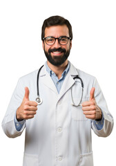 Smiling male physician wearing a white lab coat and stethoscope gives a thumbs up gesture of approval