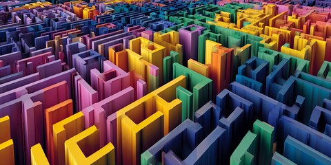 Fototapeta premium Colorful Abstract 3D Maze Structure with Geometric Forms, Vibrant Tones, and Modern Art Aesthetic for Background or Design Use
