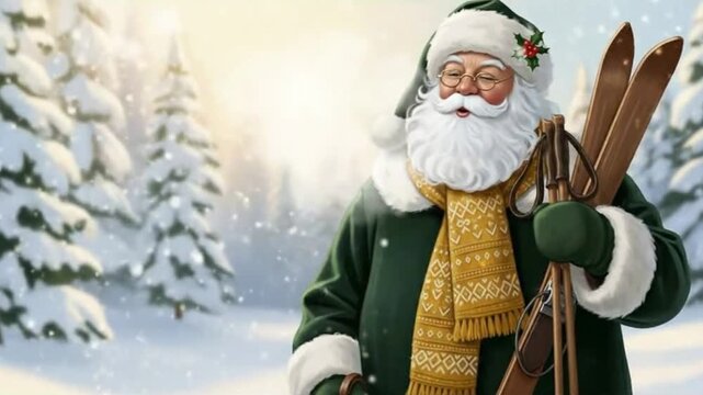 It shows an elder man in winter scenery with skis, clad in green coat and white beard representing season, winter spirit, and festive ambiance