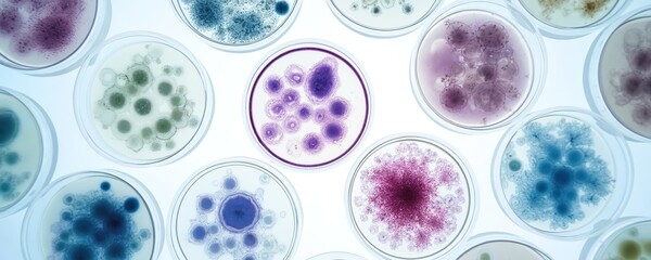 Close-up view of colorful bacteria colonies growing in multiple petri dishes. Scientific research and laboratory study of microorganisms on agar gel. Microscopic life forms in culture plates.