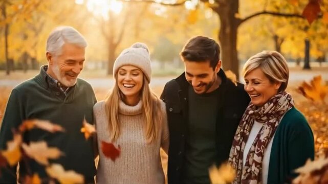 Four people, three generations, laugh in a bright, autumnal park. It showcases family bonds, generational ties, connection, happy moment, nature, and togetherness