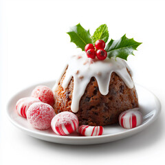 Christmas pudding and peppermint candies. Side view of christmas cake topped with frosting and decorated with holly berries. Peppermint candies with red stripes are next to pudding on plate