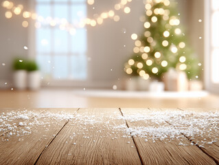 Empty wooden tabletop with Christmas room interior. Light snow falls on wood-textured countertop. Blurred background of room with Christmas tree decorated with string lights