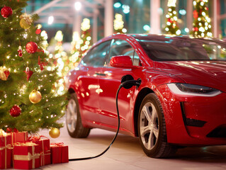 Red electric car charges from Christmas tree. Charging cable connects Christmas pine to electric vehicle. Public parking lot is decorated with gift boxes and festive lights