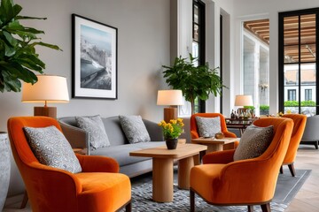 Fototapeta premium Modern living room interior with orange armchairs and grey sofa