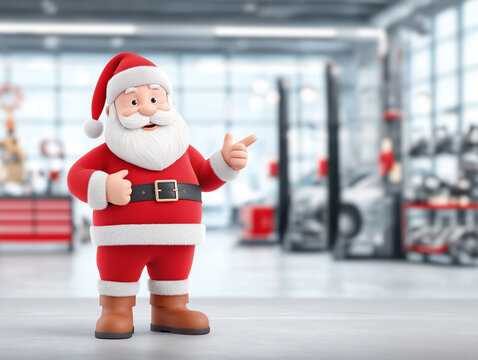 Illustration of Santa Claus in car repair shop. Santa in a red outfit gestures to modern auto repair shop. Concept for Christmas and car service industry