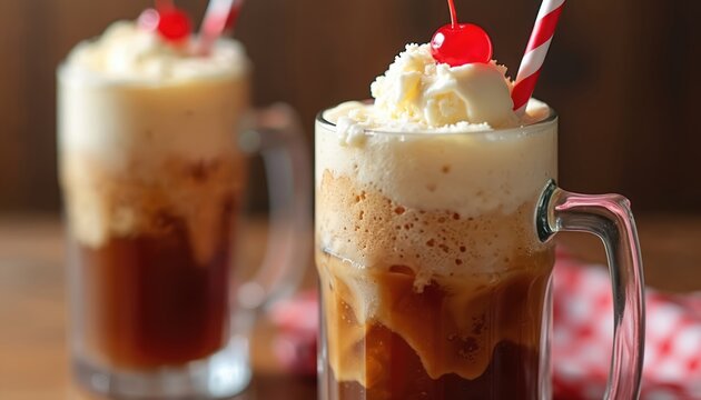 Two classic root beer floats served in glass mugs. Vanilla ice cream scoops with bright red cherry topping sit on fizzy soda foam. Striped straw ready for enjoying sweet cold dessert drink.