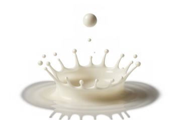 Milk drop impact creating a liquid crown splash and ripples, pouring fresh dairy beverage on transparent background