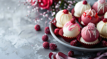 Fototapeta premium A plate of beautifully decorated cupcakes in pink and white colors. The cupcakes are topped with various designs, fresh raspberries and flowers. copy space, free space for text