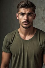 Fototapeta premium Handsome Spanish male model portrait with green t-shirt and natural light