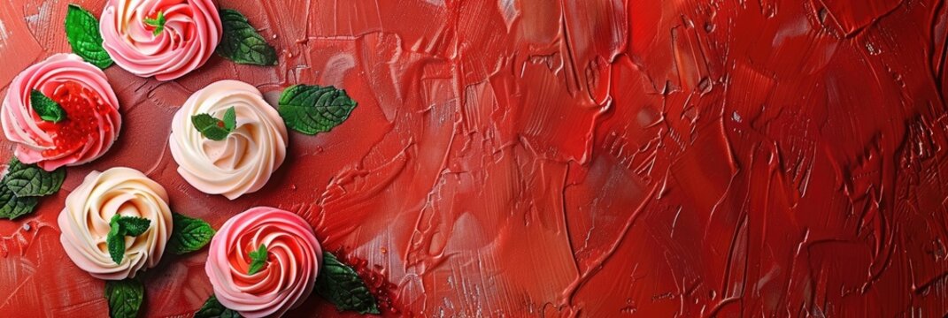Colorful rose-shaped cupcakes on a textured red background. The cupcakes are decorated with green mint leaves. copy space, free space for text