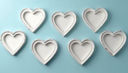 Rustic heart photo frames on blue. White vintage frames arranged on backdrop. Home decor idea. Love concept. Cute gift idea for Mothers Day or Valentines day celebration. Sweet memorable decoration.