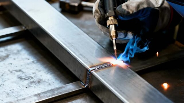 Closeup of TIG welding technique showing steady hand movements and bright arc carefully joining thin steel parts for a flawless finish.