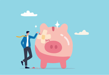 Fix financial problem, investment or saving impacted by crisis or inflation, bankruptcy, deposit or budget concept, poor cracked piggy bank with bandage metaphor of fixing problem.